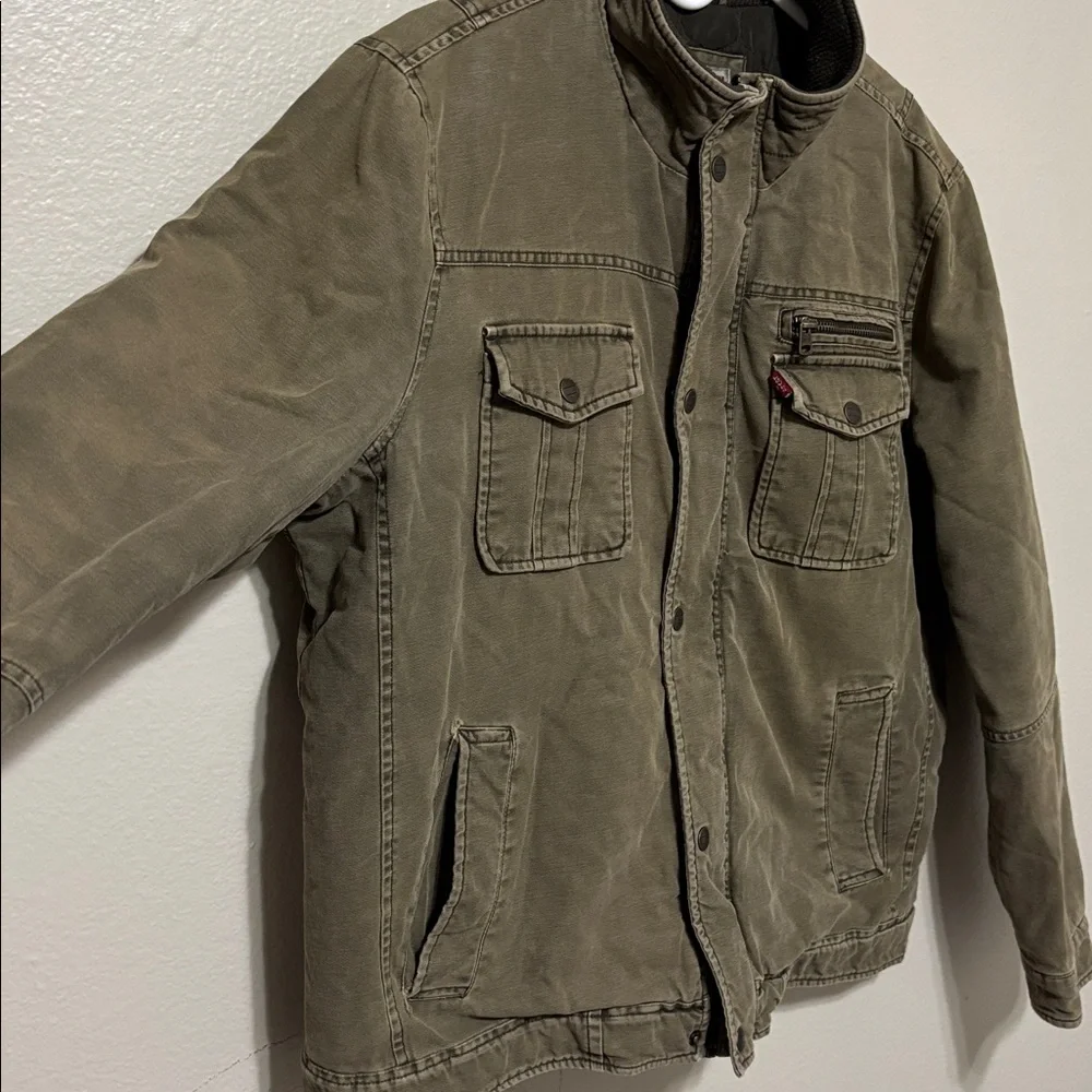 Levi's Men's Brown Quilted Green Military Jacket Zip Button Stand Collar Size L - Picture 3 of 14